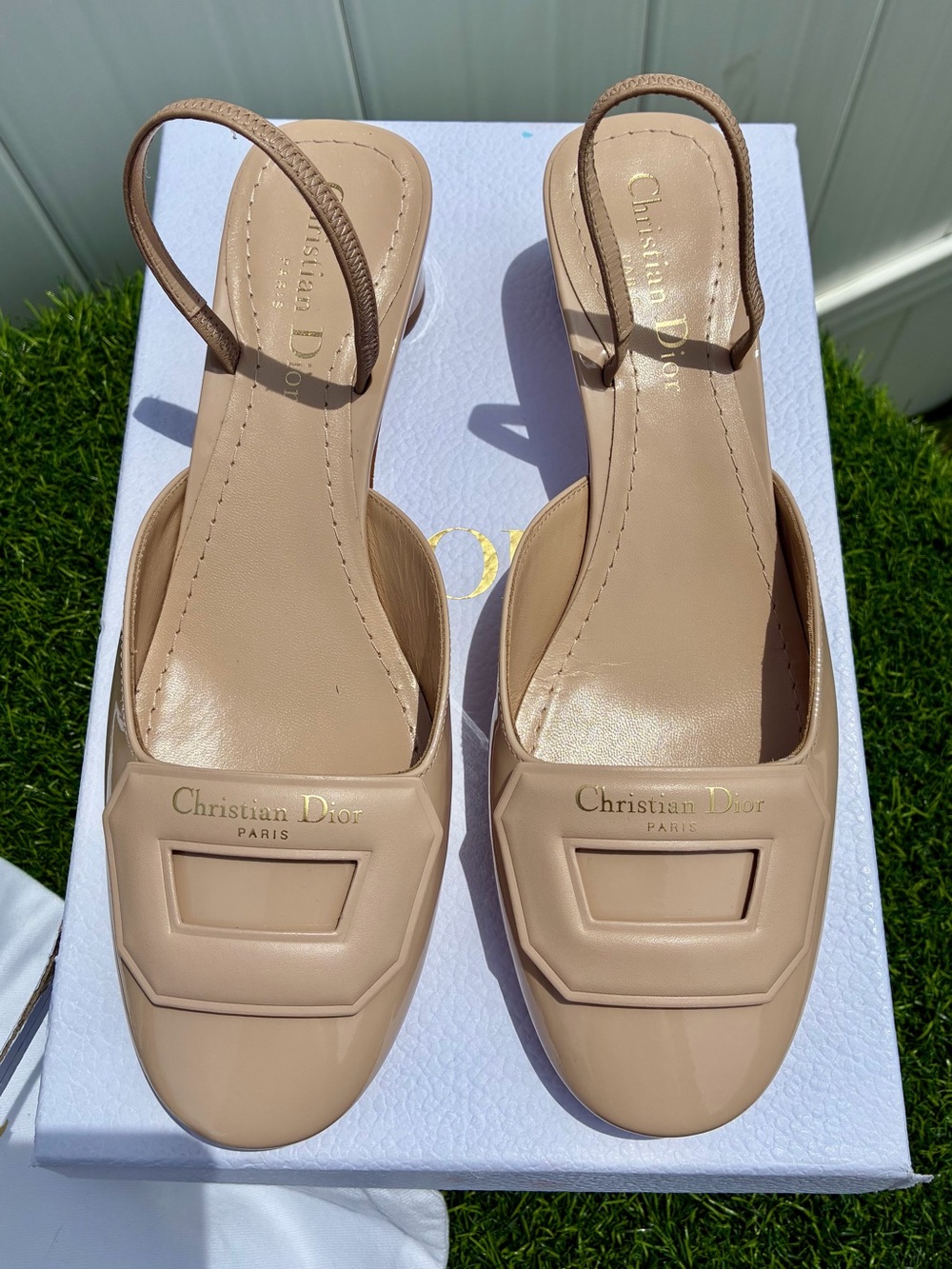 DIOR DAY SLING BALLERINA PUMP NEUTRAL BEIGE CALF PAT. LEATHER LOGO SZ 38.5 NEW - Picture 4 of 16